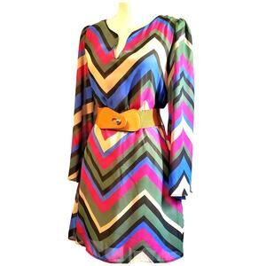 Coii USA Striped Belted Dress Size S Multicolor Chevron Stripe Lined Retro Go-Go